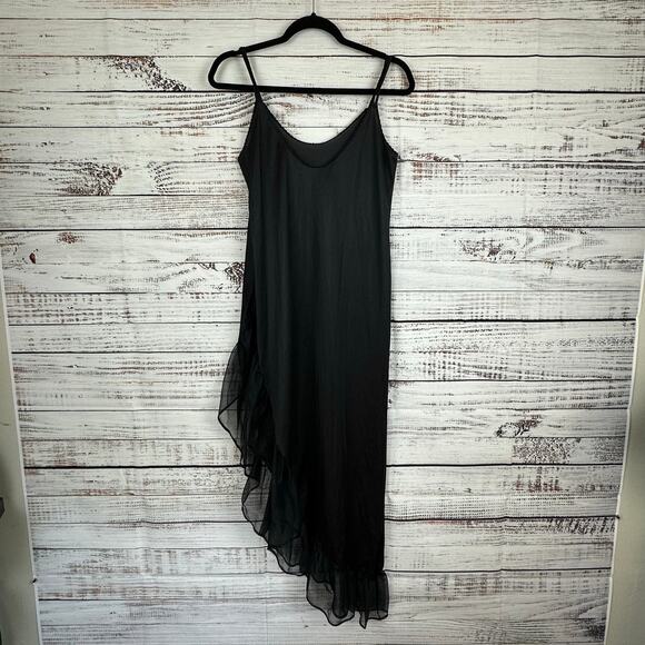 Women's Vintage Lady Cameo Dallas Black Satin Slip Nightgown Side Ruffle Size M - Picture 1 of 6
